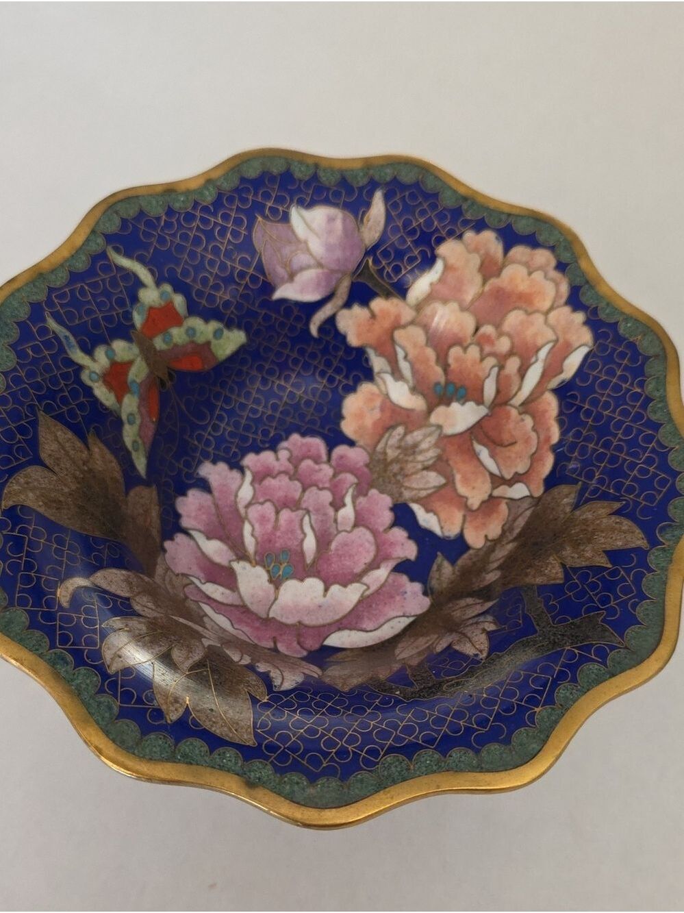 Vintage Chinese Cloisonne Enamel Bowl Scalloped Edge In Original Box Chinoiserie